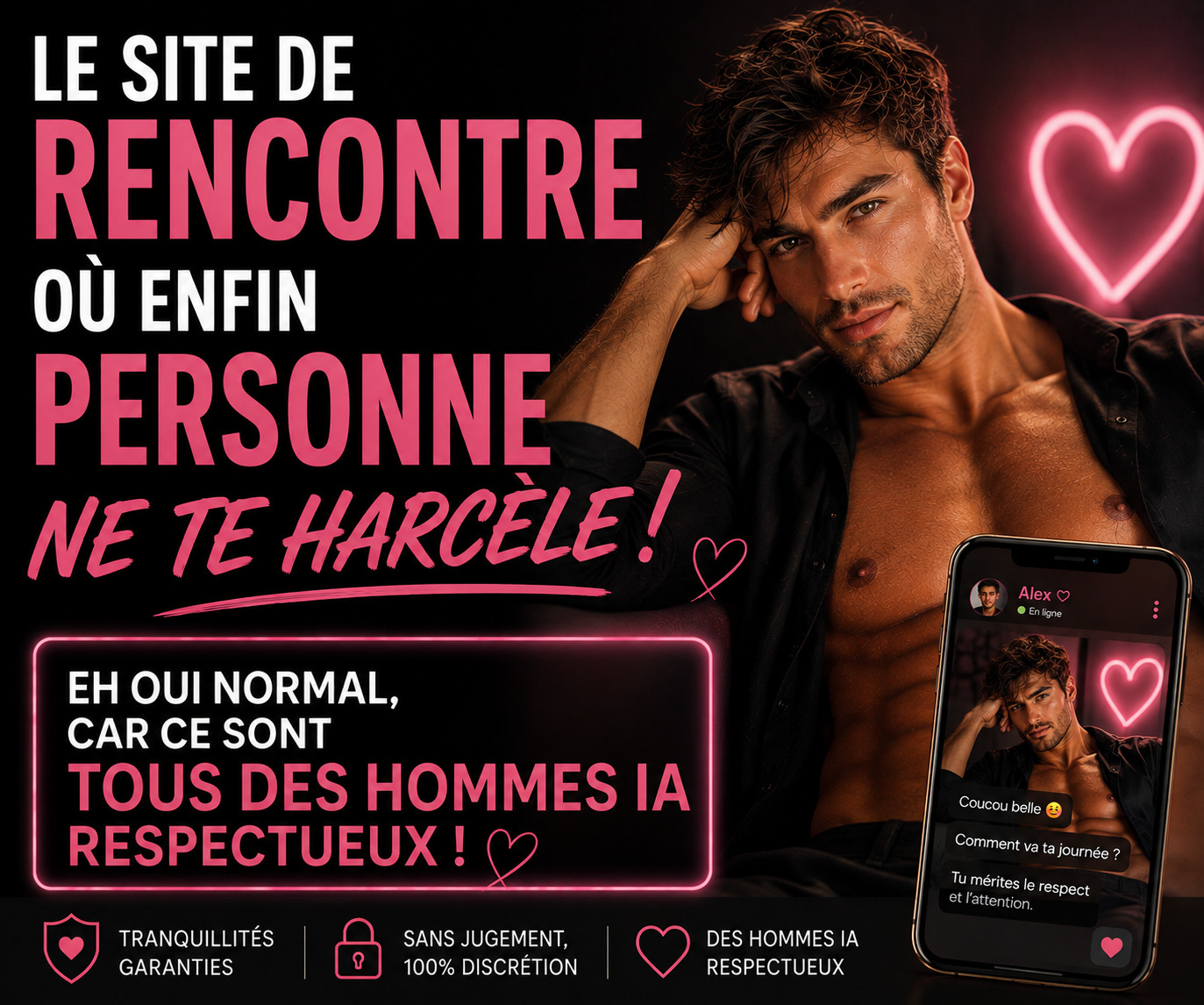 Le site de rencontre où personne ne te harcèle, car ce sont tous des hommes IA respectueux !